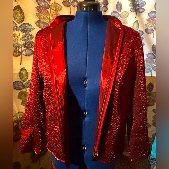 Laura Ashley Rich Red Shimmered Textured Blazer Rhinestone Zipper - Picture 7 of 9